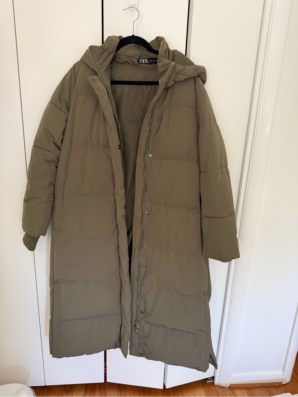 Zara Hooded Long Puffer Coat in Olive